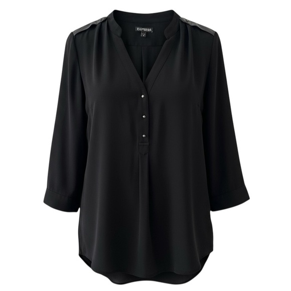 Express Black V-Neck 3/4 Sleeve Blouse with Satin Shoulder Epaulettes Size Small - Picture 1 of 5